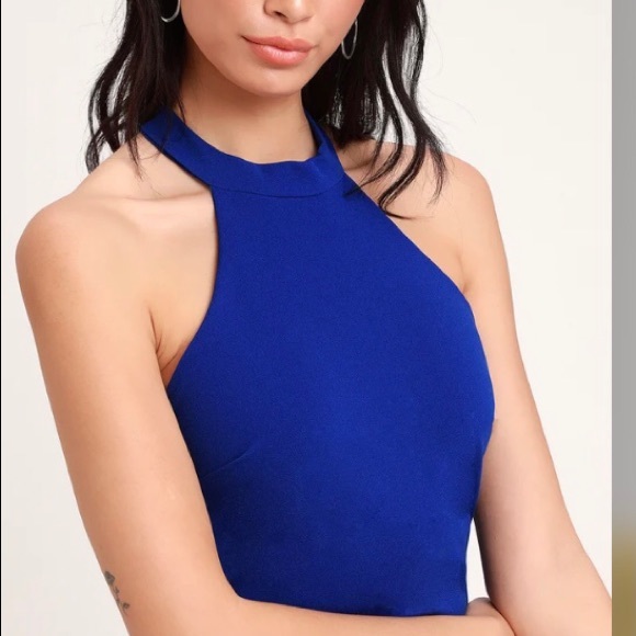 LIX Midi Royal Blue Asymmetrical Length Halter Dress 48 1/2” L / Right 36” L Med - Picture 2 of 10